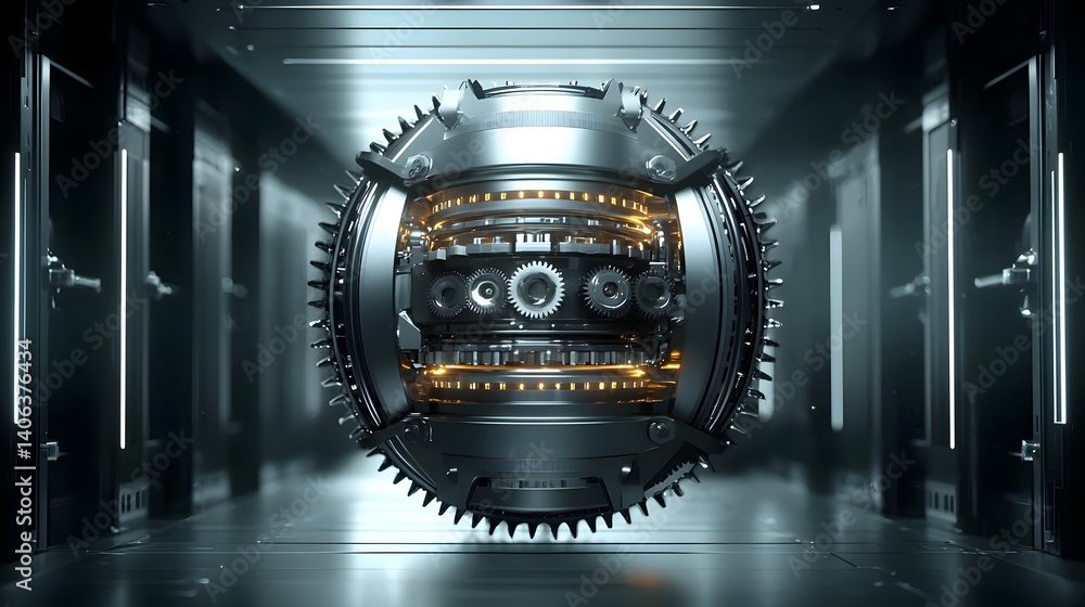 Poster dramatic shot of the intricate gearbox mechanism of a wind turbine with gears rotating and illuminat