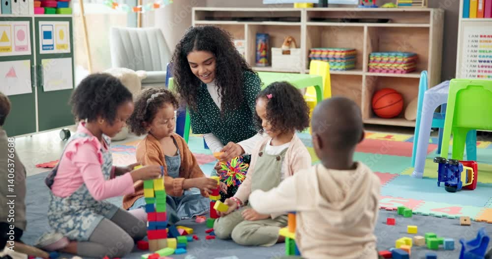 Poster Teacher, students and play with blocks in class for learning, problem solving and creative activity. Woman, kids and building toys for education game, puzzle solution and motor growth in kindergarden