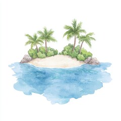 A tranquil tropical island featuring palm trees, lush greenery, and serene blue waters, perfect for relaxation and escape.