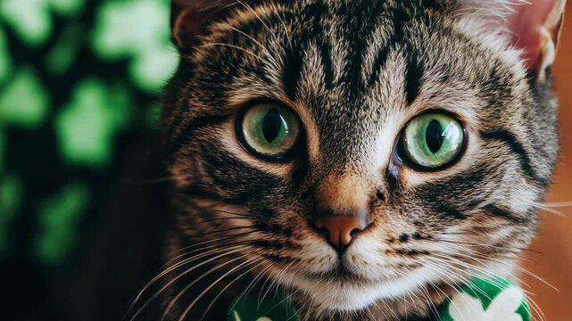 This charming cat features striking green eyes and a festive shamrock accessory, perfect for celebrating St. Patrick Day in a cozy indoor setting.