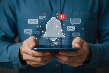 Push Notifications, Web Reminders, Time Table and Announcements. Person using smartphone with notification icon on virtual screen, smartphone in hands, Alert notification concept. notification bell