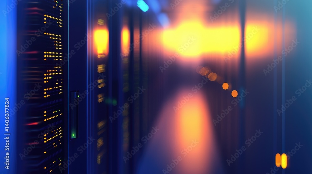 Poster Blurred futuristic server room glowing with orange and blue lights, evoking cybertech themes. Ideal for AI, cloud computing, data flow, and digital infrastructure visuals