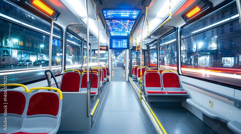 Poster the interior of a clean contemporary public bus features comfortable seating bright led lighting and