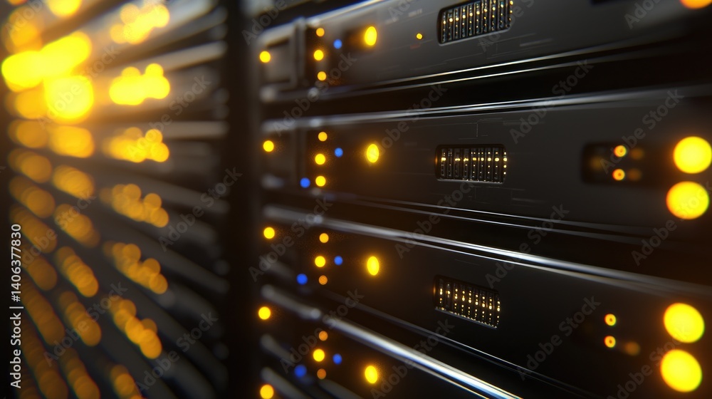 Aufkleber Close-up of black server racks with glowing yellow and blue indicator lights. Ideal for IT infrastructure, cloud computing, and cybersecurity visuals with a modern tech theme