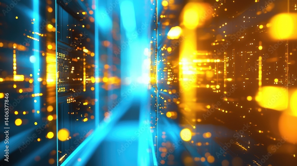 Aufkleber Abstract server room corridor with glowing blue and orange lights, symbolizing data flow and digital innovation. Ideal for AI, tech, cybersecurity, and networking visuals