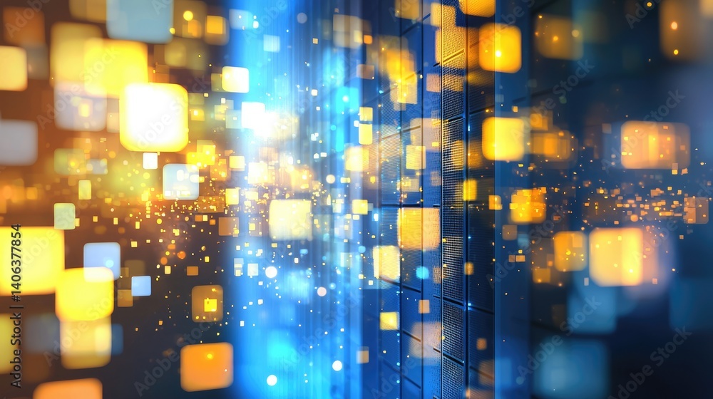 Poster Abstract 3D server room with glowing orange and blue square particles floating in space. Ideal for AI, cloud computing, data visualization, and futuristic tech themes