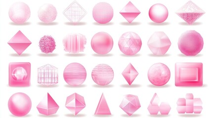 Set of various 3D geometric shapes in soft pink
