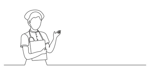 Continuous one line drawing woman doctor carry a stethoscope vector illustration