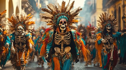 Obraz premium Day of the Dead Parade in Mexico Skeleton Costumes Festive Celebration Tradition Cultu