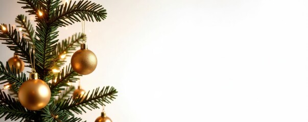Golden Christmas tree branch with ornaments and lights hanging isolated on white background, decor, decorations