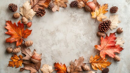 Autumnal Wreath of Leaves Pinecones and Acorns on Rustic Background