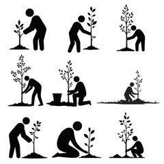 Tree Planting Silhouette Icons of People for Environmental Conservation and Reforestation