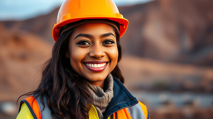 portrait of smiling graduate mixed race female engineer on mine site in Australia wearing hard hat, high vis vest at sunset golden hour