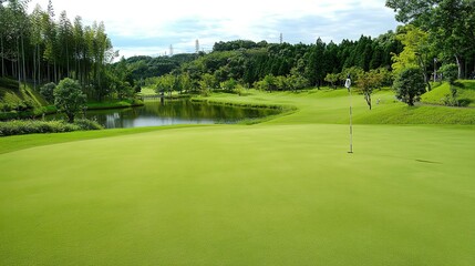 Lush green golf course fairway with a tranquil pond.