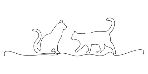 Continuous one line hand drawing two cats graphic illustration
