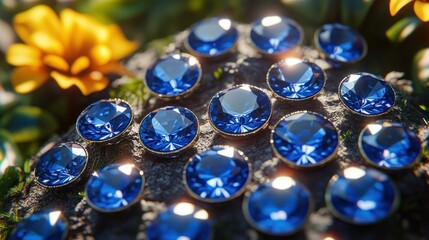 Blue gems clustered on mossy rock,  close-up
