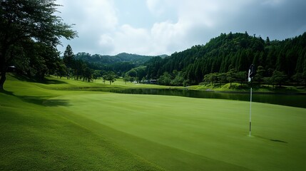 Lush golf course green, framed by serene mountains and a tranquil lake.