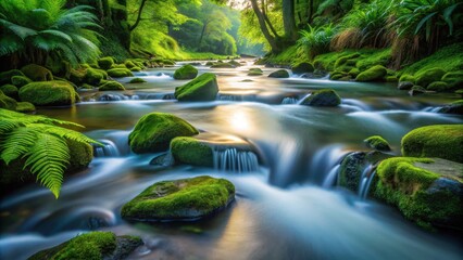 Serene Stream Flowing Through Lush Green Mossy Rocks and Ferns in a Tranquil Forest