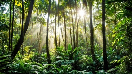 Mystical Jungle and Dense Forest Landscape – Lush Greenery, Exotic Trees, and Natural Wilderness Perfect for Adventure, Nature, and Wildlife Concepts