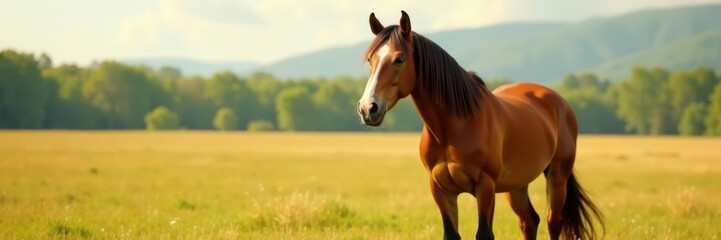 Obraz premium Horse standing against the background of a field, animal, rural life