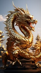 Fototapeta premium Golden Dragon Statue with Pagoda Background Chinese Mythology Asian Culture Symbol of