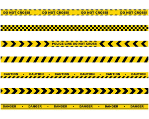 A set of warning tapes lines for restriction of criminal accident zones. Black and yellow police stripe border. Barrier borders for crime places, attention sites or construction works