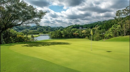 Obraz premium Lush green golf course with scenic views of a lake and hills.