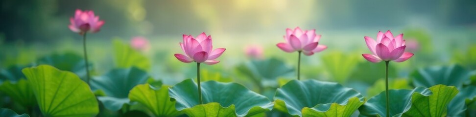 Fototapeta premium Delicate lotus flowers swaying gently in the morning fog, lotus, soothing
