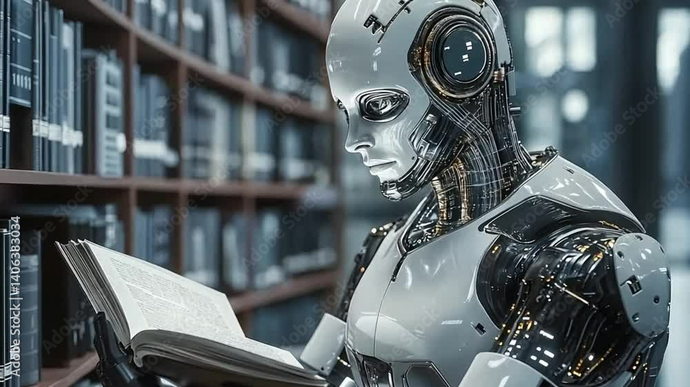 Poster robot reading a book in a modern library setting