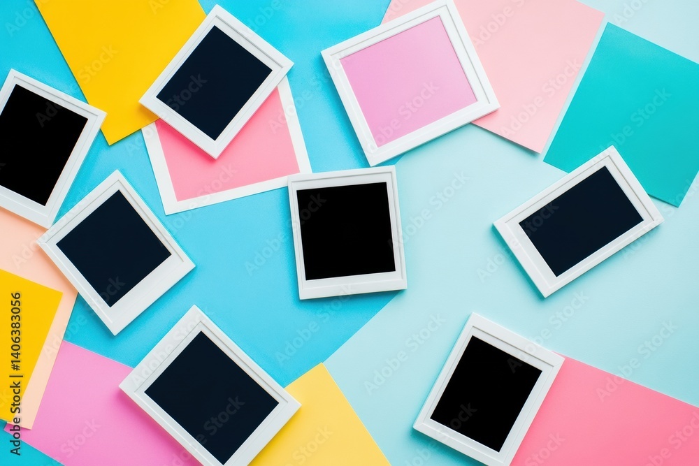 Fototapete white polaroid frames arranged on a colorful flat surface creating a cheerful and vibrant atmosphere