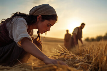 A hyper-realistic biblical scene Ruth and Boaz in the Field of Providence