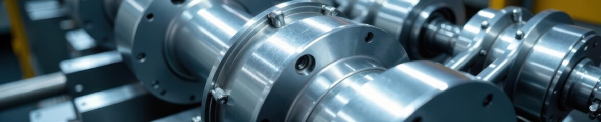 High shine silver metal finish on modern industrial equipment or machinery background, technological, industrial