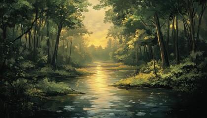 Ethereal stream winding through a tranquil, sunlit forest painting