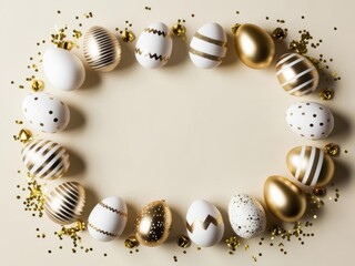 Easter golden decorated eggs on pastel beige background 2