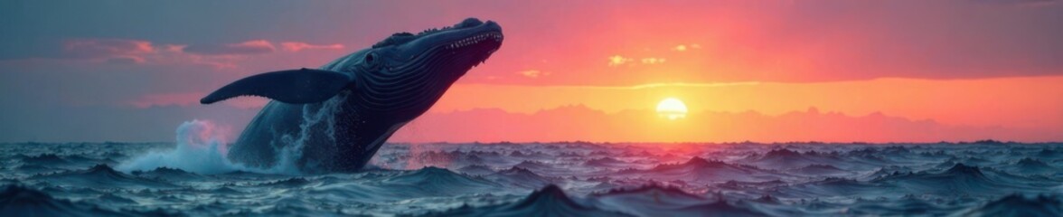 Obraz premium Giant whale breaching the ocean surface at dusk, sea creature, silhouette