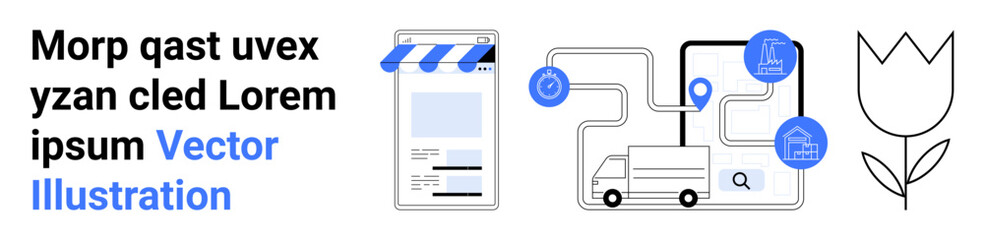 Storefront with awning, delivery route map, truck, location pins, and a tulip. Ideal for e-commerce, delivery, sustainability, logistics online shopping modern business simple landing page