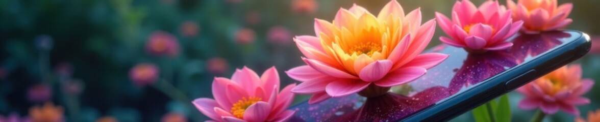 Fototapeta premium Vibrant flower carousel spinning on smartphone screen with blooming colors and delicate petals , flowers, blooming, blooms