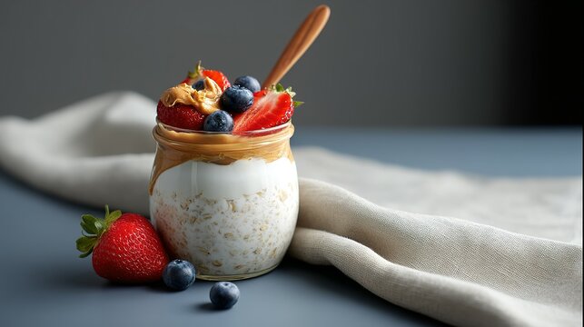 Delicious overnight oats topped with fresh berries and peanut butter.