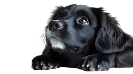 Confused dog laying down and looking up isolated on white background, HD and realistic