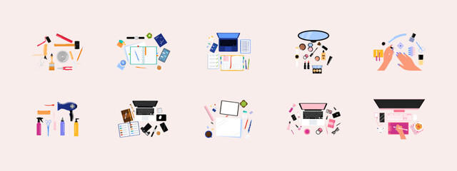 Desk Top View set illustration. Simple flat vector illustration concept.