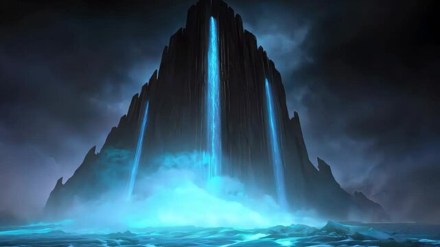 A dramatic obelisk towers in a dark landscape, glowing with intense blue light. The eerie ambiance creates a mystical atmosphere, perfect for fantasy visuals.