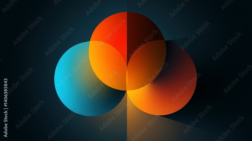 Poster three overlapping circles in vibrant orange, red, and teal, creating a dynamic abstract design.