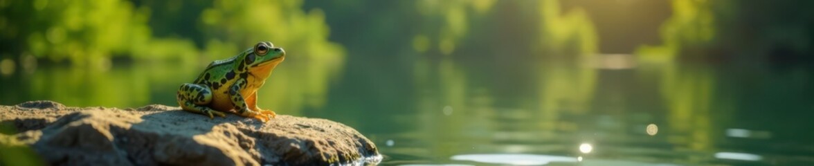 Naklejka premium Frog sitting alone on a sunny rock by the lake, , nature