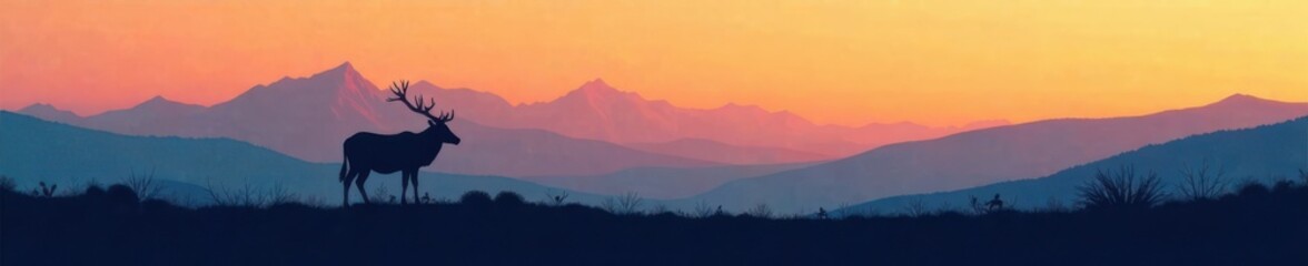 Obraz premium Animal in silhouette with mountain range background, landscape,