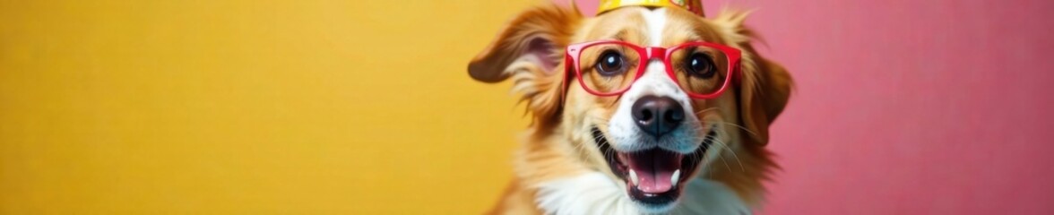 Adorable dog in party hat with bright red glasses on its nose, birthday, , dogs