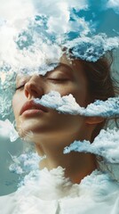 Surreal portrait of a woman with clouds overlaying her face