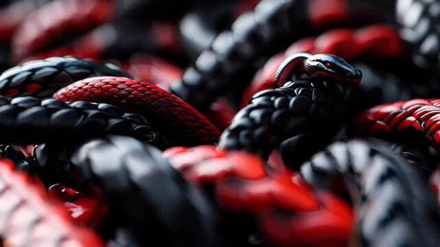 Explore a captivating abstract design featuring intricate black and red snake patterns. This visually striking artwork combines smooth textures and dynamic shapes to create a bold, modern aesthetic.