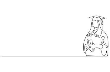 Obraz premium Continuous one line drawing of Young female student wearing a gown and hat. Single line drawing illustration of Young woman graduation. Student university concept vector art. Doodle line illustration.