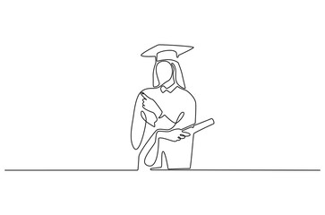 Continuous one line drawing of Young female student wearing a gown and hat. Single line drawing illustration of Young woman graduation. Student university concept vector art. Doodle line illustration.