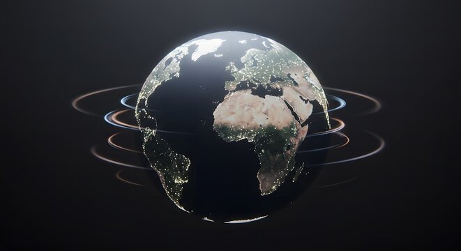 Earth Globe with City Lights and Circular Orbits on Dark Background - Powered by Adobe